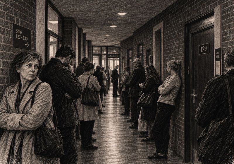 Illustration eines Gerichtsflurs mit Backsteinwänden, an dem Besucherinnen und Besucher vor Saal 129 warten