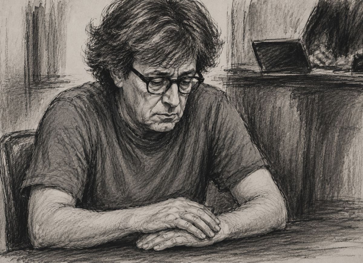 Illustration eines älteren Mannes mit Brille im Gerichtssaal