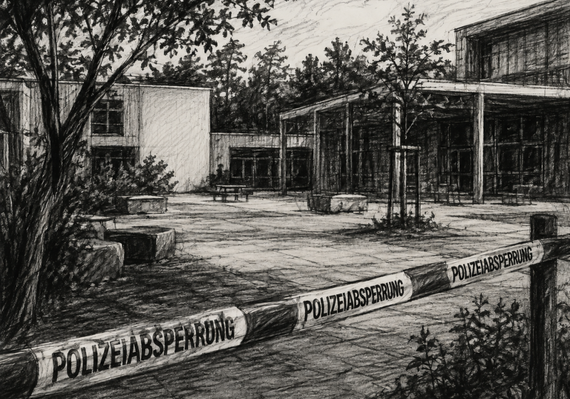Illustration eines Schulcampus im Grünen (KI-generiert)