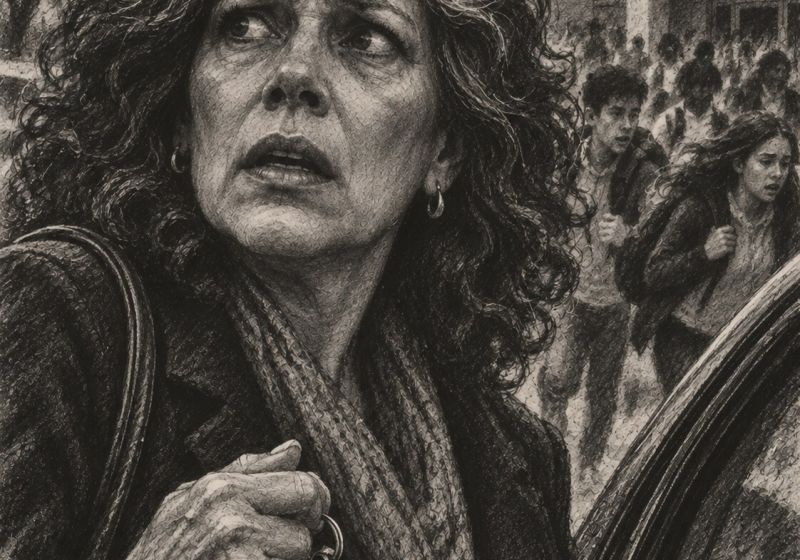 Illustration einer Frau mit Autoschlüssel neben ihrem Auto, im Hintergrund vom Schulhof laufende Jugendliche