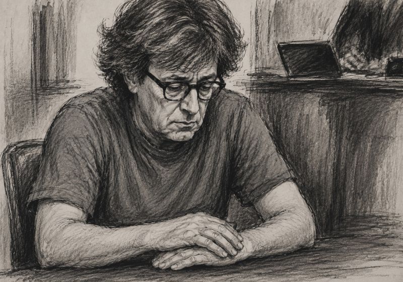 Illustration eines älteren Mannes mit Brille im Gerichtssaal (KI-generiert)